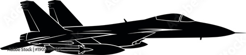 Fighter jet silhouette isolated on white background, military aircraft vector illustration, combat airplane icon, aviation design, modern warplane graphic, defense concept