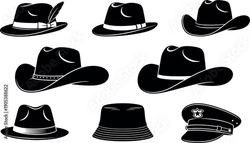 Hat collection silhouette vector set, cowboy hat fedora bucket hat police cap icons, fashion accessory illustration, vintage western style isolated design
