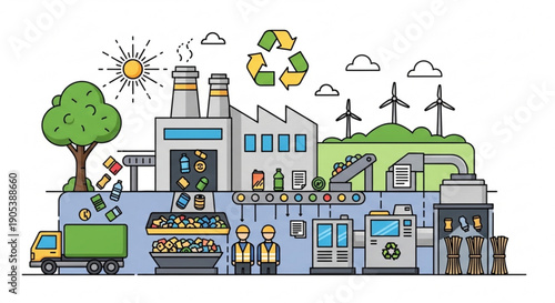 Eco friendly factory with recycling process and sustainable energy sources industrial workers and green environment