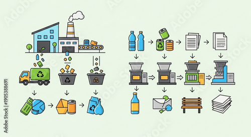 Recycling process infographic showing steps from waste collection to raw materials and new product creation
