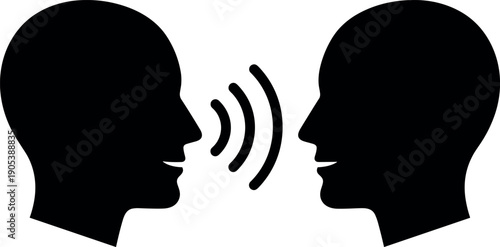 Human communication icon silhouette, talking people profiles with speech sound waves, conversation dialogue symbol, voice interaction concept vector isolated illustration design
