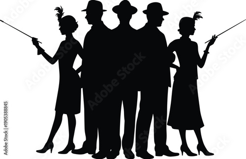 Vintage gangster men and women silhouettes collection, noir detective characters with hats and guns, classic crime scene flat vector illustration