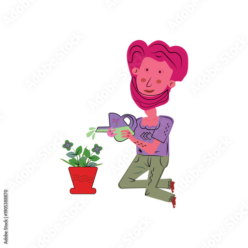 Person Watering Potted Plant Gardening and Plant Care Cartoon Vector Illustration