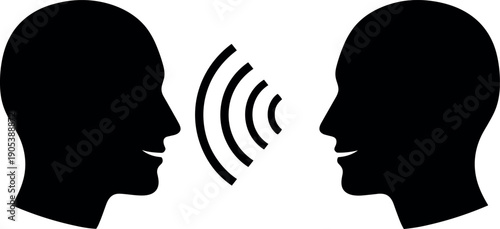 Human communication silhouette icon, talking people vector illustration, speech sound waves symbol, conversation concept, dialogue interaction design isolated on white background
