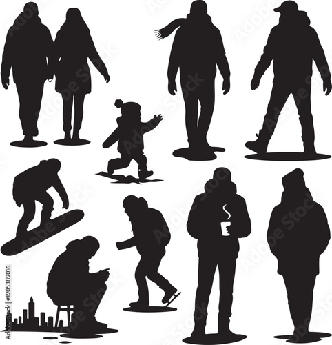 black silhouettes of people doing various activities on white background