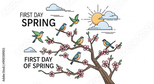 Colorful birds on blooming tree branches with sunny clouds and text celebrating the first day of spring season