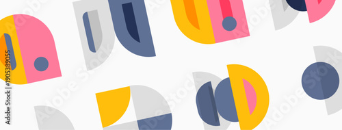 Abstract geometric shapes overlap, creating colorful pattern. Soft hues dominate design, offering modern aesthetic.