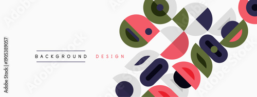 Abstract geometric pattern. Overlapping circles, squares create dynamic visual flow. Minimalist design with muted colors.