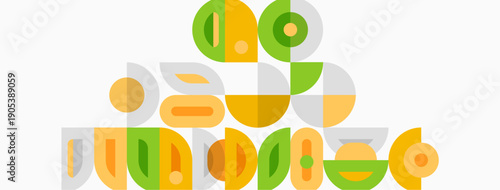 Abstract geometric shapes, pastel colors, overlapping forms create playful composition. Minimalist design, modern aesthetic, soft tones present.