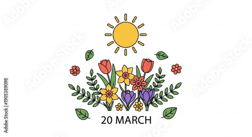 Colorful spring floral arrangement with sun and date 20 march illustration
