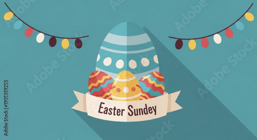 Colorful easter egg with easter sunday banner and string lights on teal background