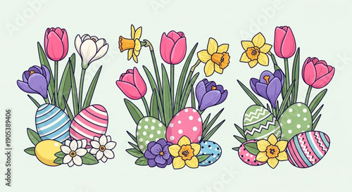 Colorful easter eggs and flowers arrangement with tulips daffodils and spring blooms on white background