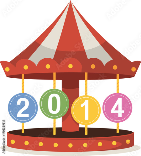 Vintage carnival carousel vector illustration featuring red and white circus tent top with 2014 date on colorful round signs for nostalgic fairground celebration design