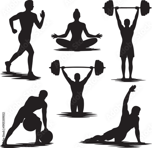 Black silhouettes of people exercising with weights and meditating