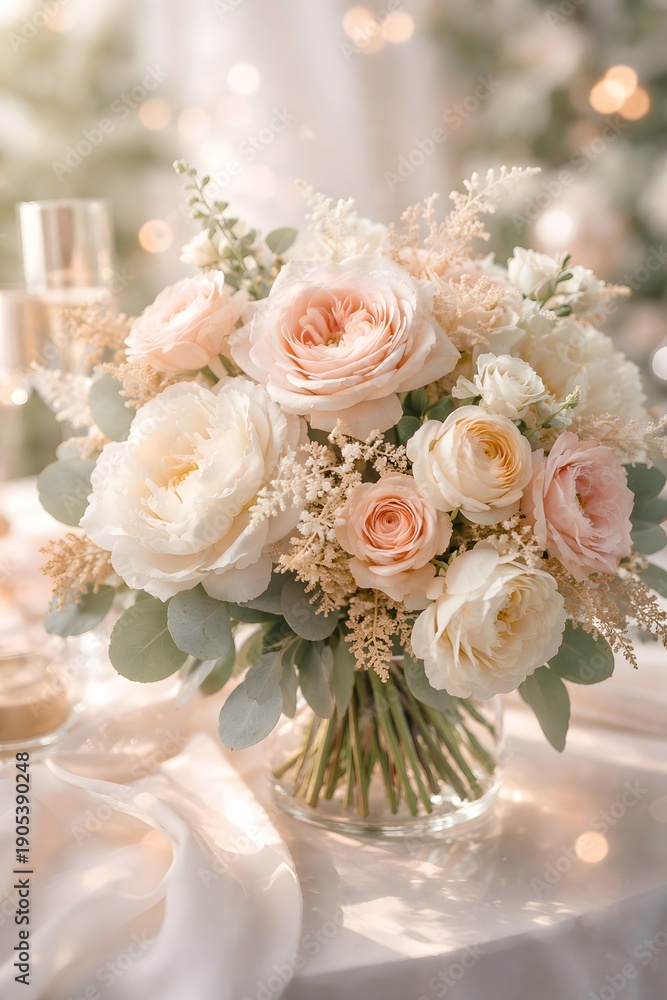 Obraz premium A bouquet filled with pink and white roses sits on a table. There are soft decorations around the flowers and warm light shining in the background. The setting is cozy and inviting