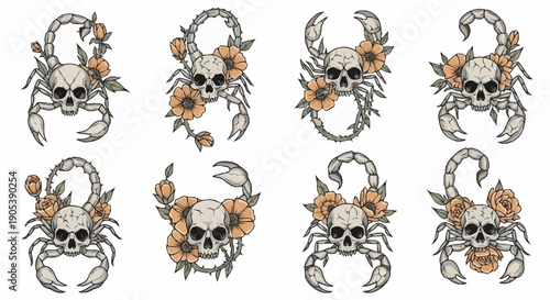 Set of decorative skulls with floral and animal motifs for thematic design projects and creative artwork