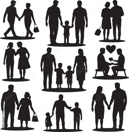 black silhouettes of people in various poses and relationships