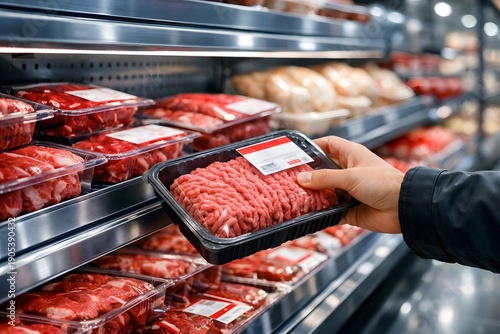 A person selects a package of ground beef from a shelf filled with various types of meat in a grocery store during the afternoon. Many packages are organized neatly