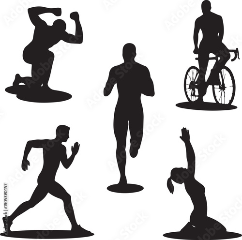 Black silhouettes of people running cycling and exercising alone