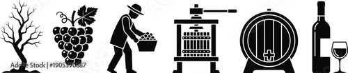 Winemaking process silhouette set showing grapevine grapes harvest worker wine press wooden barrel and wine bottle with glass vector icons on white background