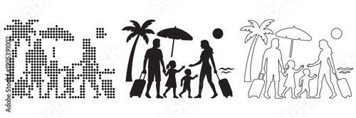 Happy family with children enjoying a sunny vacation by the beach with palm trees