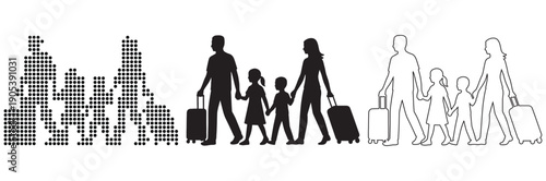 Diverse family silhouettes with luggage embark on a journey together.
