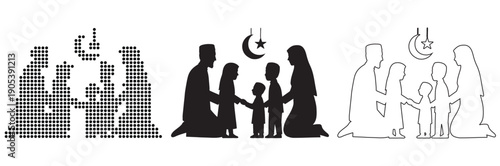 Muslim family gathered together with children under crescent moon and star
