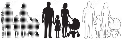 Diverse family silhouettes with stroller, representing modern life and parenthood.