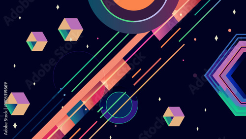 Vibrant abstract sci fi landscape with geometric shapes and neon lines in space with futuristic and digital and art and illustration and colorful