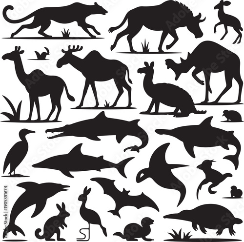 black silhouettes of various animals on white background