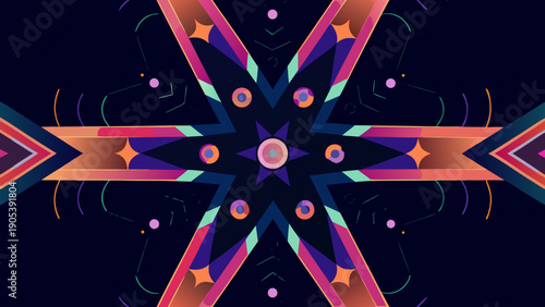 Vibrant abstract sci fi composition with floating geometric shapes and stars on dark background for futuristic designs with digital and technology
