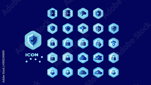 Flat vector cybersecurity icon collection with shield symbol on dark blue background for tech