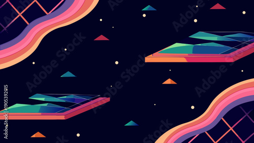 Abstract sci fi geometric shapes floating in space with vibrant colors and futuristic design elements with technology and digital and innovation
