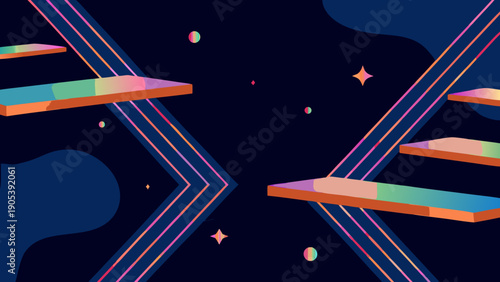 Vibrant surreal futuristic environment with floating colorful platforms and neon lines against a dark starry night sky with digital and abstract