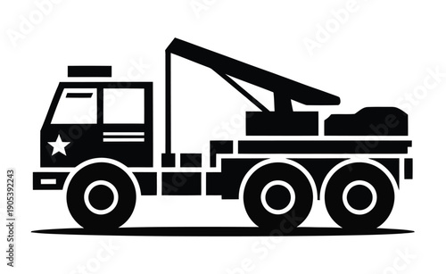 Vector image of a military truck with a crane loading cargo on a flatbed