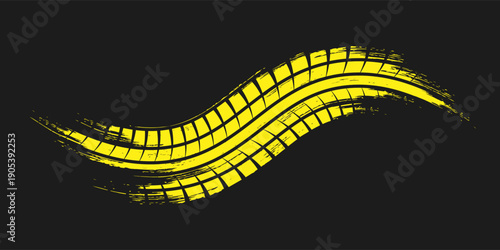 Yellow grunge tire tracks, wheel braking marks. Truck, car or motorcycle tread pattern silhouettes. Auto race, motorsport, speed racing design element.