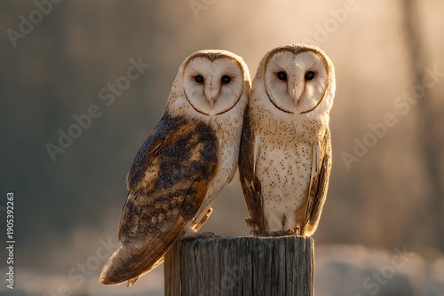 two owls resting on branch