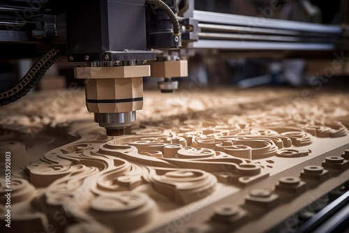 Cnc wood router carving an intricate floral pattern on a wooden surface, showcasing precision and craftsmanship