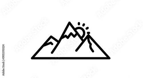 Minimalist mountain sunrise icon depicting adventure and travel on white background