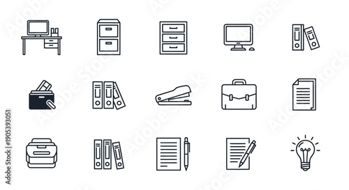 Minimalist office icons representing common administrative and business elements