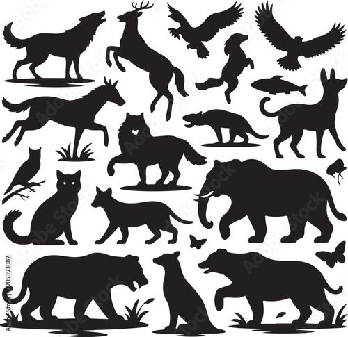 black silhouettes of various wild animals