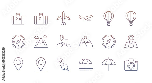 Minimalist Travel Icons Set Featuring Luggage, Aircraft, Mountains, Compass, and More