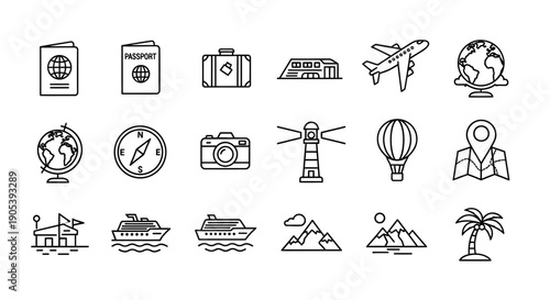 Minimalist Travel Icons Set: Illustrative Symbols of Journey, Exploration, and Adventure
