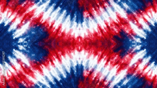 Symmetrical red, white, and blue tie-dye pattern background, patriotic shibori batik texture