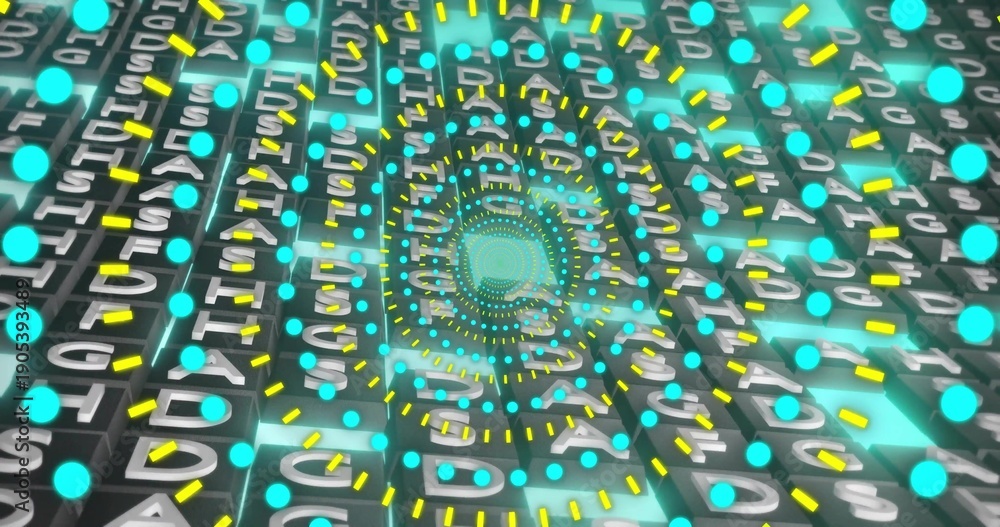 Fototapeta premium Spiraling tunnel drawing into digital space, showing cyan nodes and yellow dashes on lettered tiles