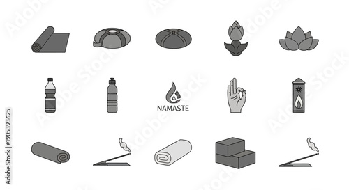 Minimalist yoga icons set featuring exercise equipment, water bottles, and incense elements