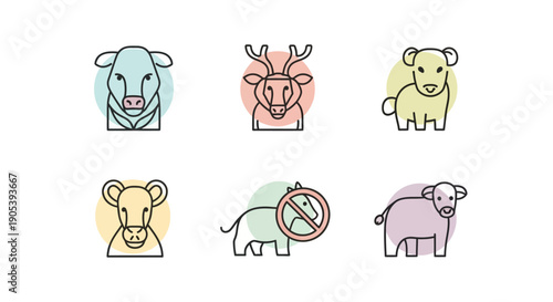 Minimalistic animal icons depicting cattle, deer, and sheep with contrasting color backgrounds