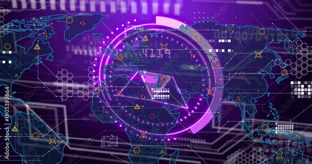 Obraz premium Displaying central HUD scanning world map at control dashboard, showing hex patterns, caution icons
