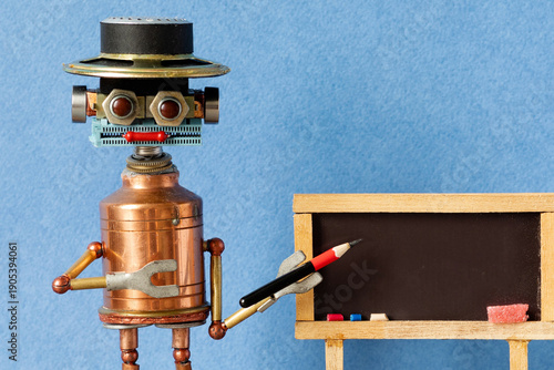 Copper robot educator with hat pointing pencil to empty chalkboard, copy space. Instructional poster mockup, professional seminar flyer