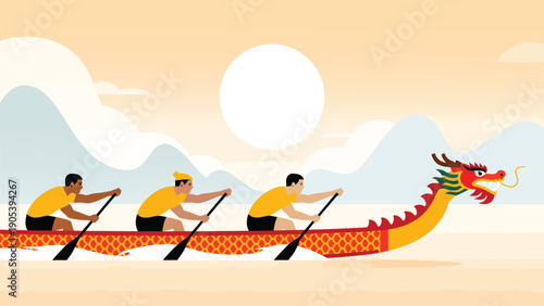 Dragon Boat Festival illustration with team rowing traditional dragon boat on river celebrating asian culture teamwork competition and festive heritage